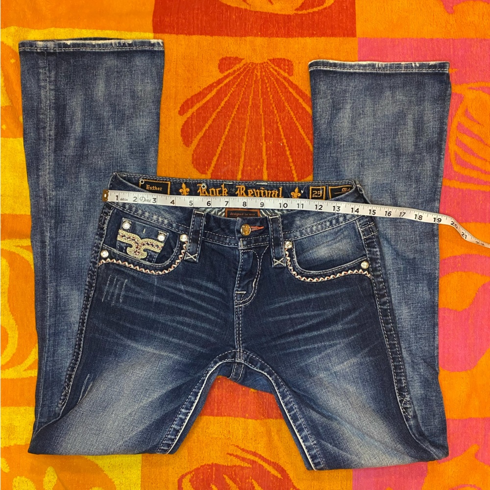 Insane blue rock revival LOW WAISTED flared bottoms and rhinestone details
